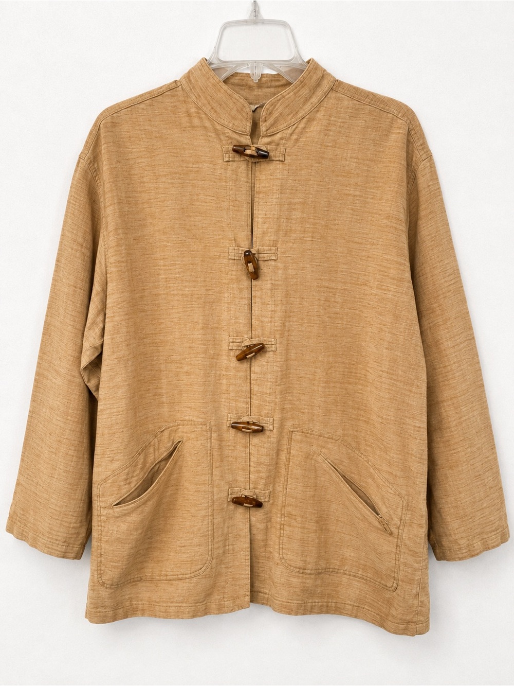 Vintage 100% Raw Silk Toggle Jacket | Tan Mandarin Collar Utility Coat Size L